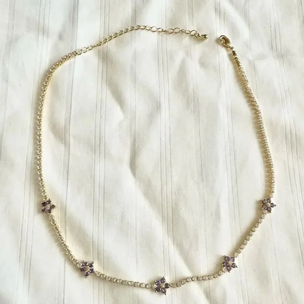 Light purple flower sparkly cubic zirconia tennis necklace